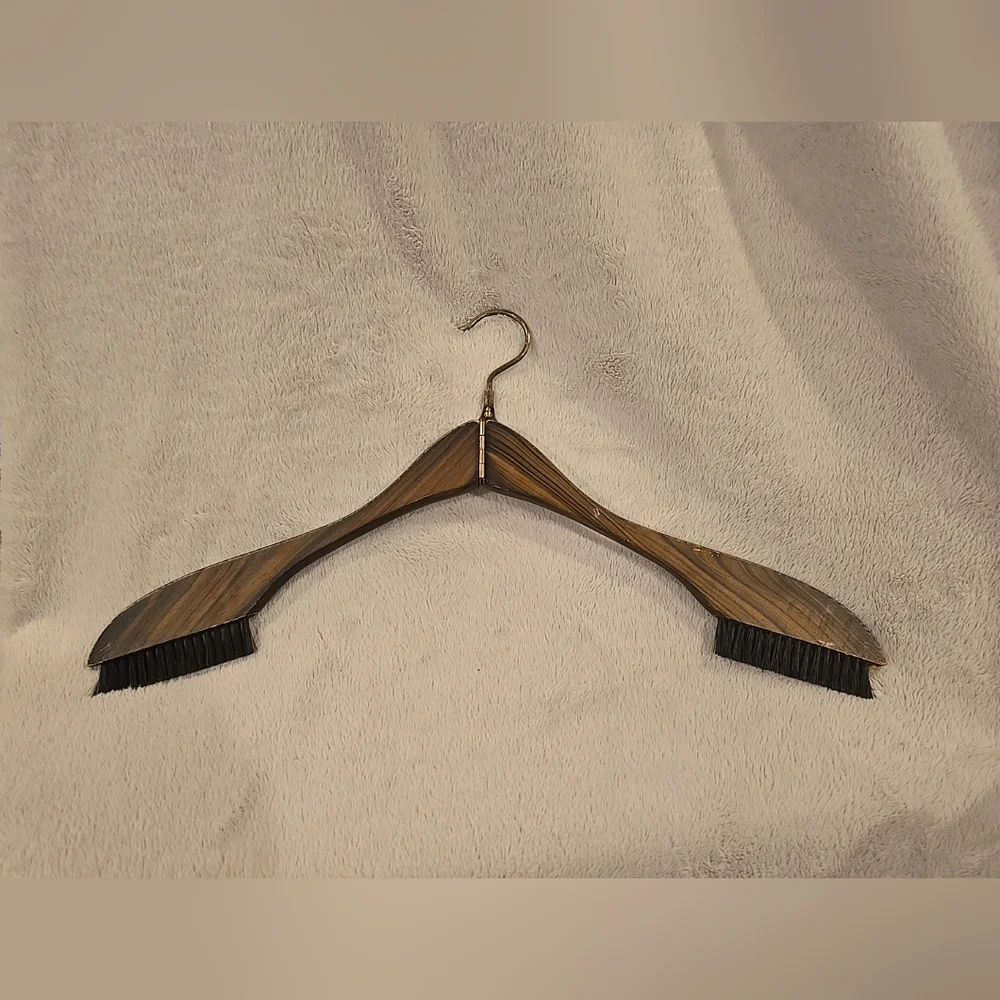 Vintage Folding Travel Hanger with Integrated‎ Lint Brushes Faux Wood Brass Tone